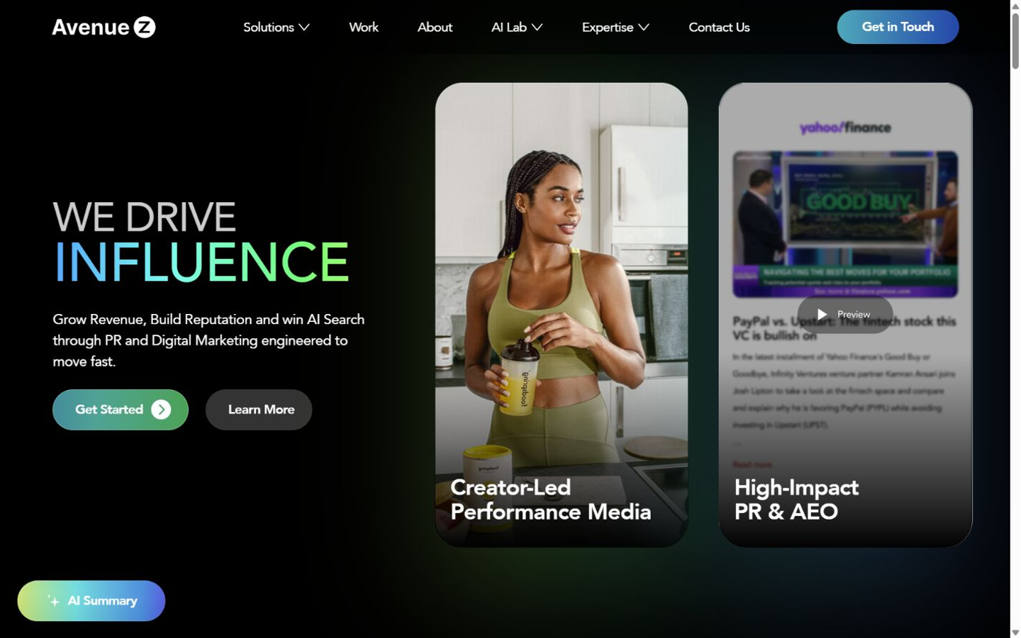 Avenue Z homepage captured for the Miami AEO and GEO agency comparison in September 2026