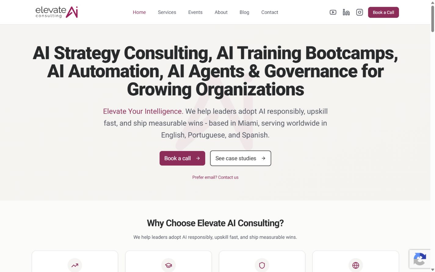 Elevate AI Consulting homepage captured for the Miami AEO and GEO agency comparison in September 2026