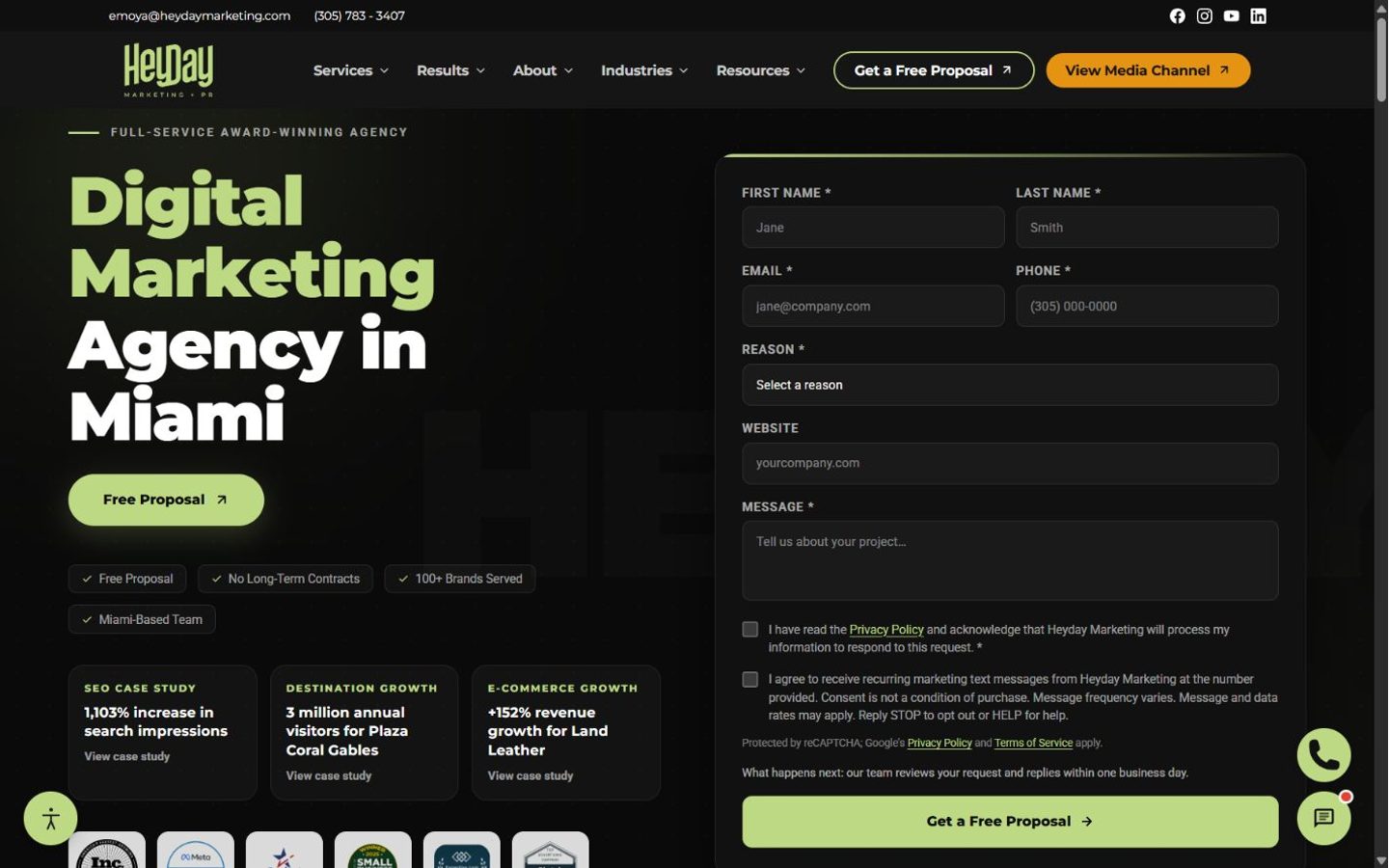 Heyday Marketing homepage captured for the Miami AEO and GEO agency comparison in September 2026