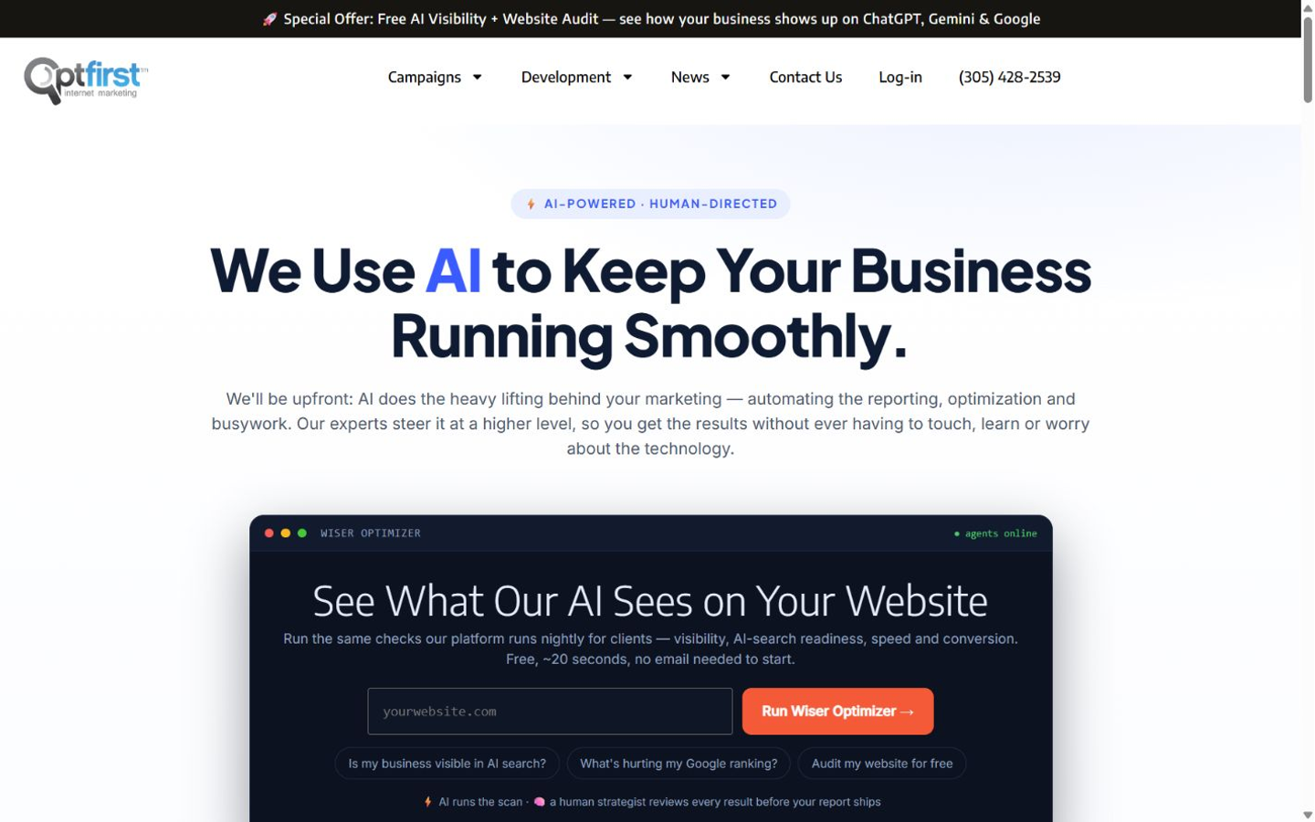 OptFirst homepage captured for the Miami AEO and GEO agency comparison in September 2026