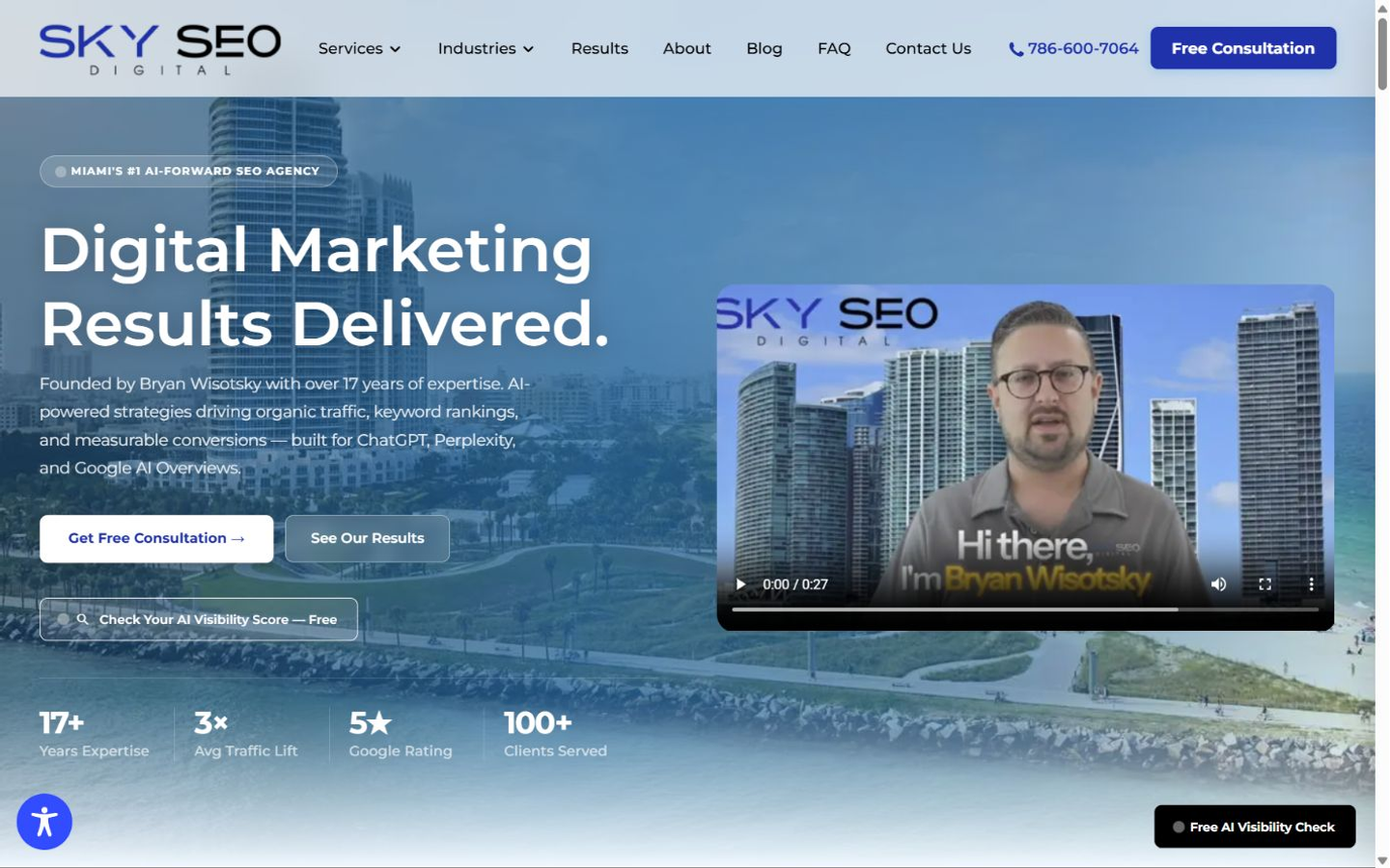 Sky SEO Digital homepage captured for the Miami AEO and GEO agency comparison in September 2026