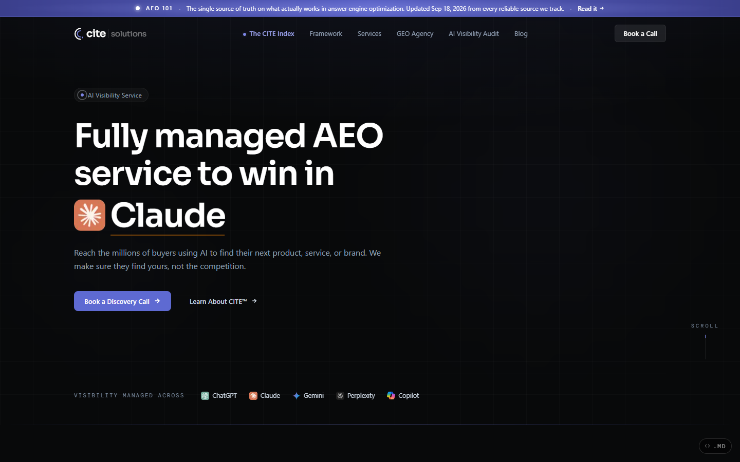 Cite Solutions homepage captured for the New York AEO and GEO agency comparison in September 2026
