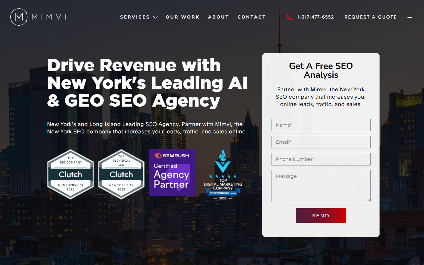 Mimvi SEO homepage captured for the New York AEO and GEO agency comparison in September 2026