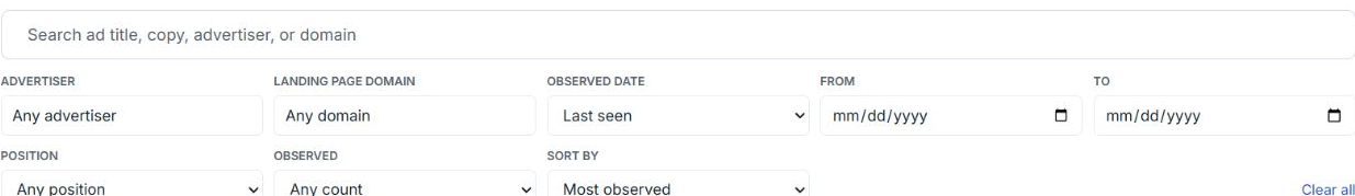 Free ChatGPT Ads Library filters for advertiser, landing-page domain, observed date, position, appearance count, and sorting.