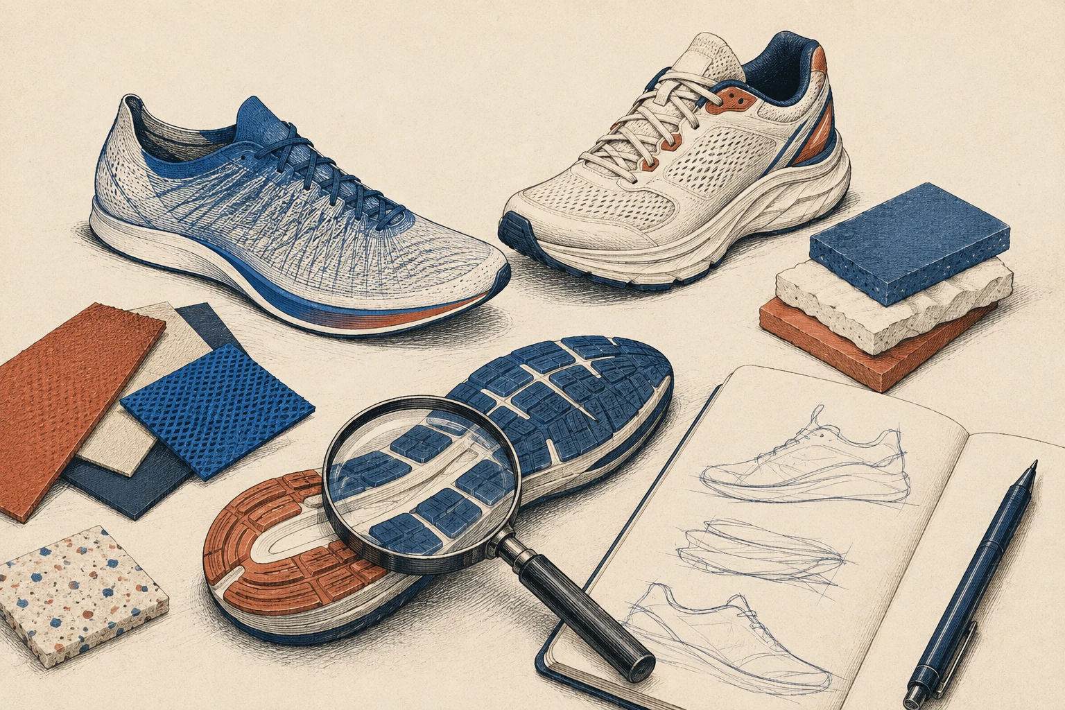 Two different running shoe designs, foam samples and an outsole under a magnifying glass on a designer’s workbench