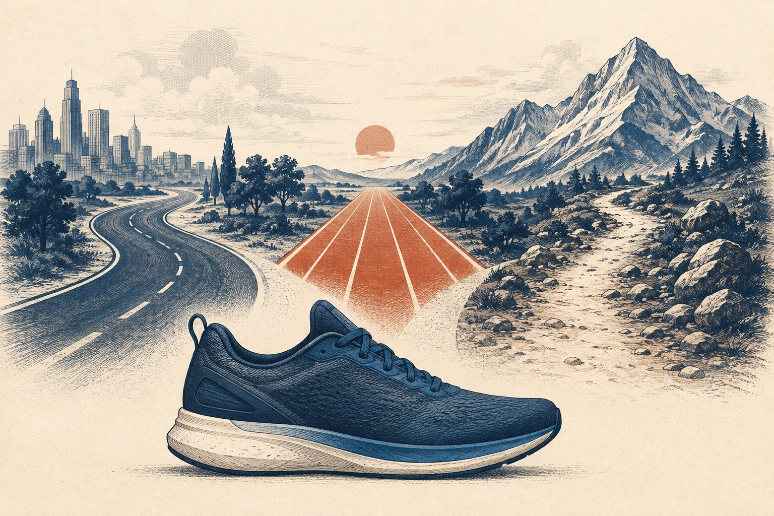 An unbranded running shoe beside routes leading to a road, a running track and a mountain trail
