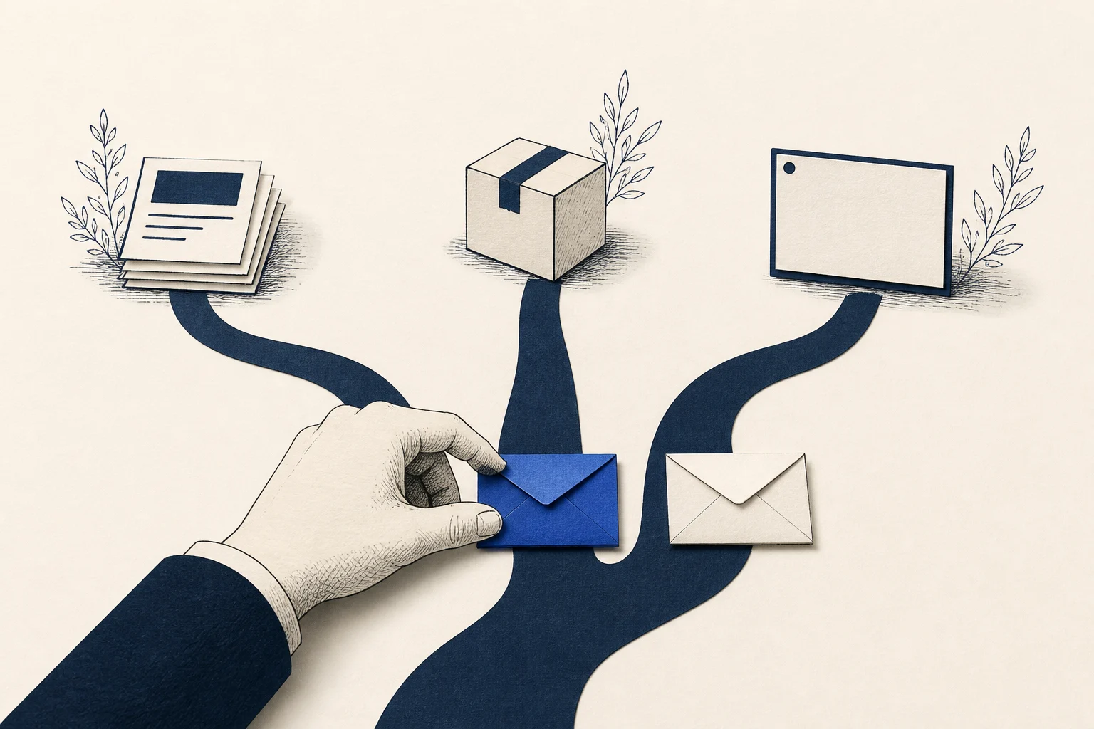 A hand chooses an envelope along paths leading to a newsletter, a parcel and a software window.