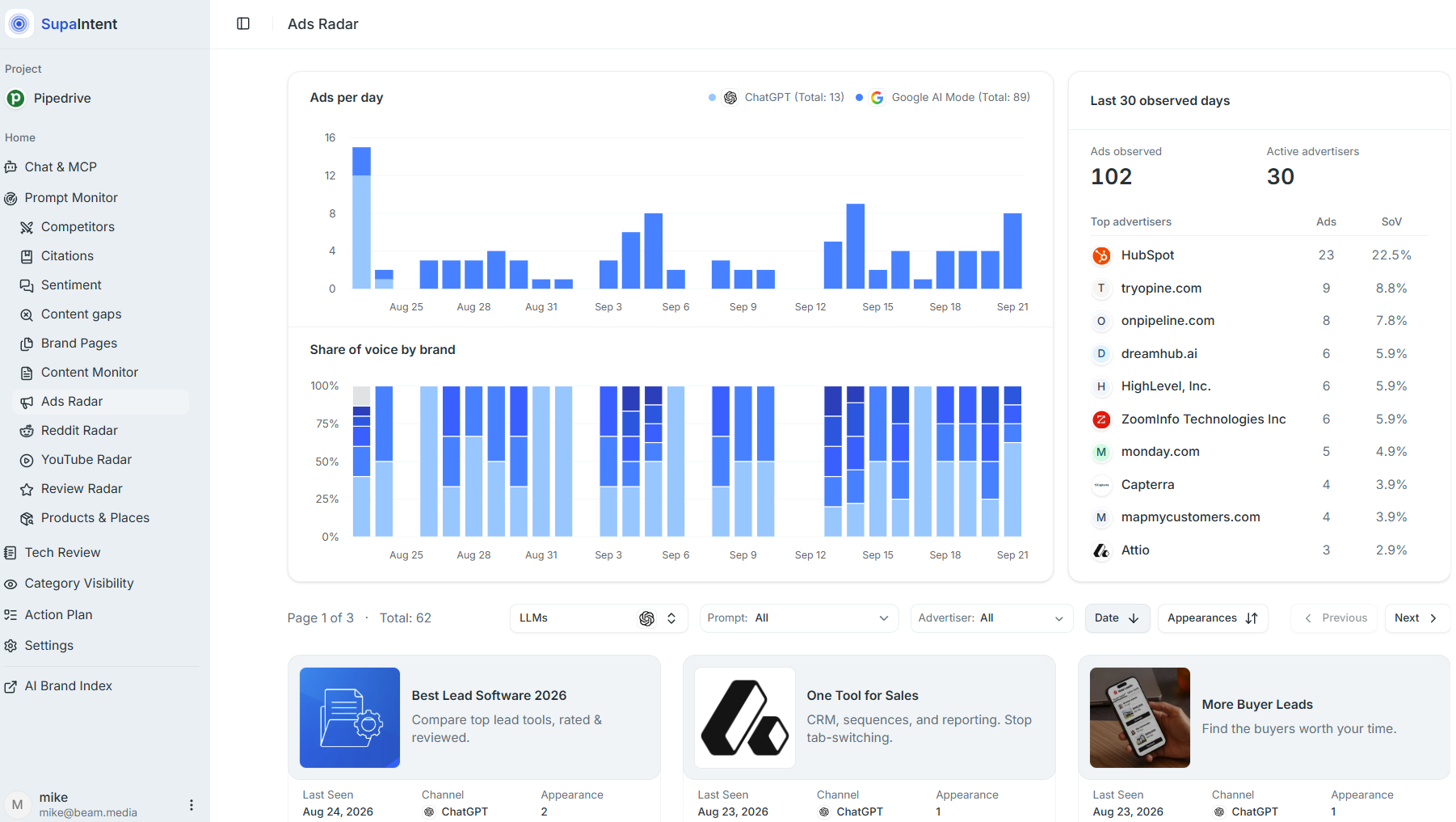 Ads Radar product screen screenshot